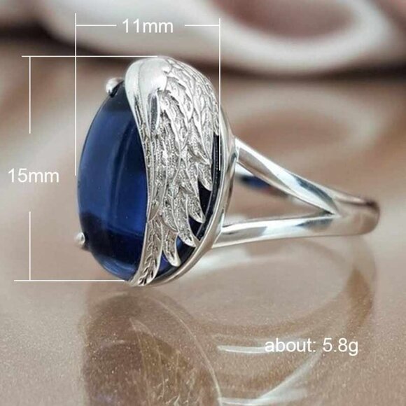 ✨ Dainty Angel Wings Oval Royal Blue Gemstone Silver Angel Wings Ring, VIP566 - Picture 5 of 6